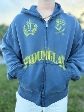 YoungLA Blue Zip-Up Hoodie with Yellow Logos